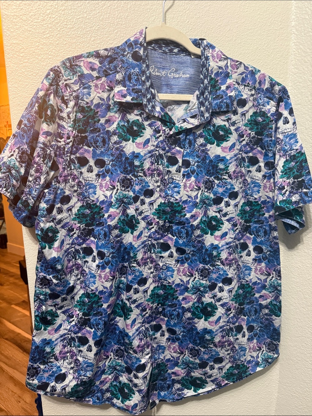 Robert Graham Blue Teal Purple Floral Skull Polo Shirt
